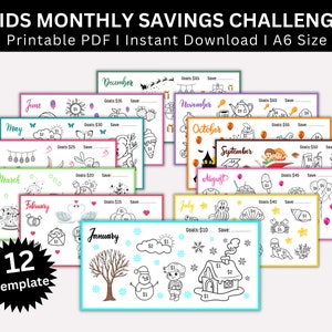 Monatliche Kinder Spar Challenge zum Ausdrucken, A6 Kinder Mini Spar Challenges, Kinder Spar Tracker Karten, Spar Challenge Bundle für Kinder