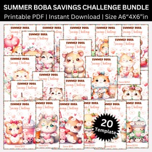 Cute Kawaii Summer Boba Savings Challenges Printable Bundle, Summer Vacation A6 Budget Binder Challenge, Digital Saving Challenge PDF,