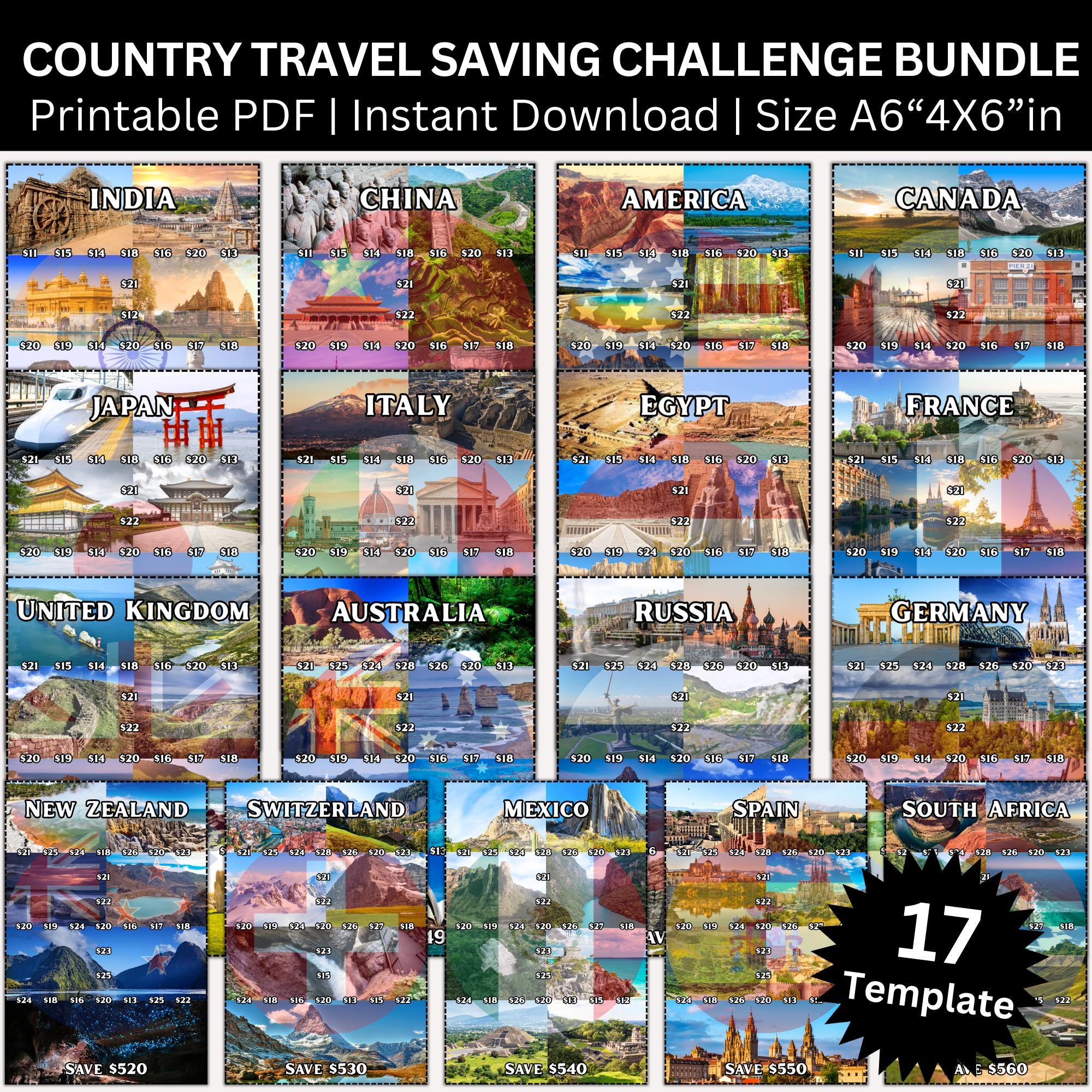 17 Country Travel Vacation Savings Challenge Budget Binder, International Travel Trip Saving Envelope Challenge Bundle, Vacation Fund Saving