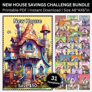 Könnte beinhalten: Ein druckbares Spar-Challenge-Paket mit 31 farbenfrohen Haus-Motiven. Jedes Motiv zeigt ein Cartoon-Haus mit verschiedenen Dollarbeträgen an jedem Fenster und jeder Tür. Die Texte "Neues Haus" und "Spare 50 $" sind auf den Motiven sichtbar.
