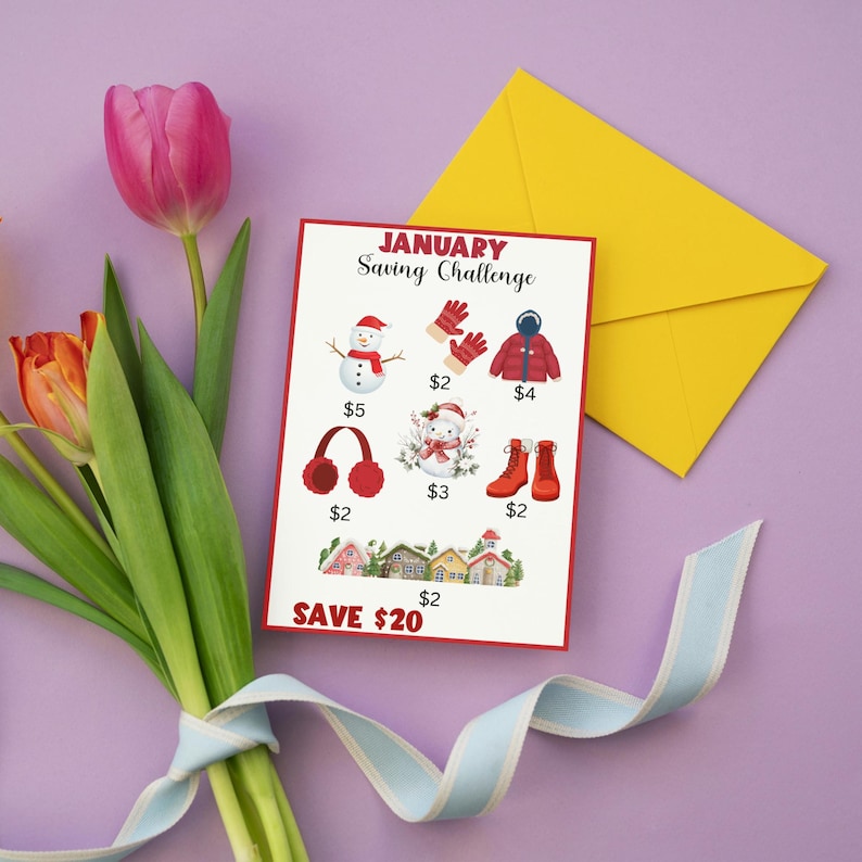 a card with illustrations of winter items and a yellow envelope on a purple background.