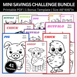 Animals Coloring Savings Challenge Printable Bundle, A6 Mini Sheep Saving Challenge, Chick Money Saving Tracker, Buffalo Envelope Challenge
