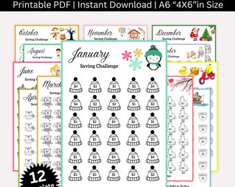 Kinder-Spar-Challenge druckbar, Mini A6 Kinder Malbuch für das Spar-Tracker, monatlich druckbare Spar-Challenge Bundle für Kinder