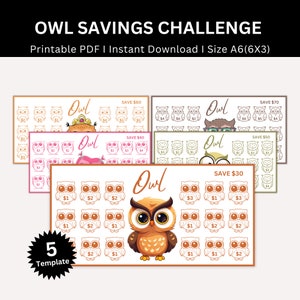 Owl Savings Challenge Printable, A6 Mini Owl Saving Challenge, Money Saving Tracker Bundle, Cash Envelope, Owl Budget Challenges, Set Of 5