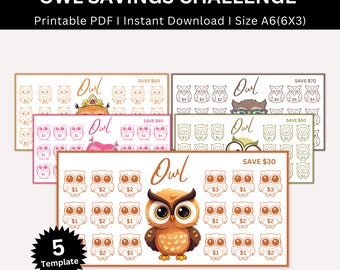 Owl Savings Challenge Printable, A6 Mini Owl Saving Challenge, Money Saving Tracker Bundle, Cash Envelope, Owl Budget Challenges, Set Of 5