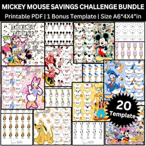 Cute Mickey Mouse Savings Challenge Printable, A6 Cash Envelope Insert, Digital Budget Binder Tracker for Kids & Adults, Cute Cartoon Bundle