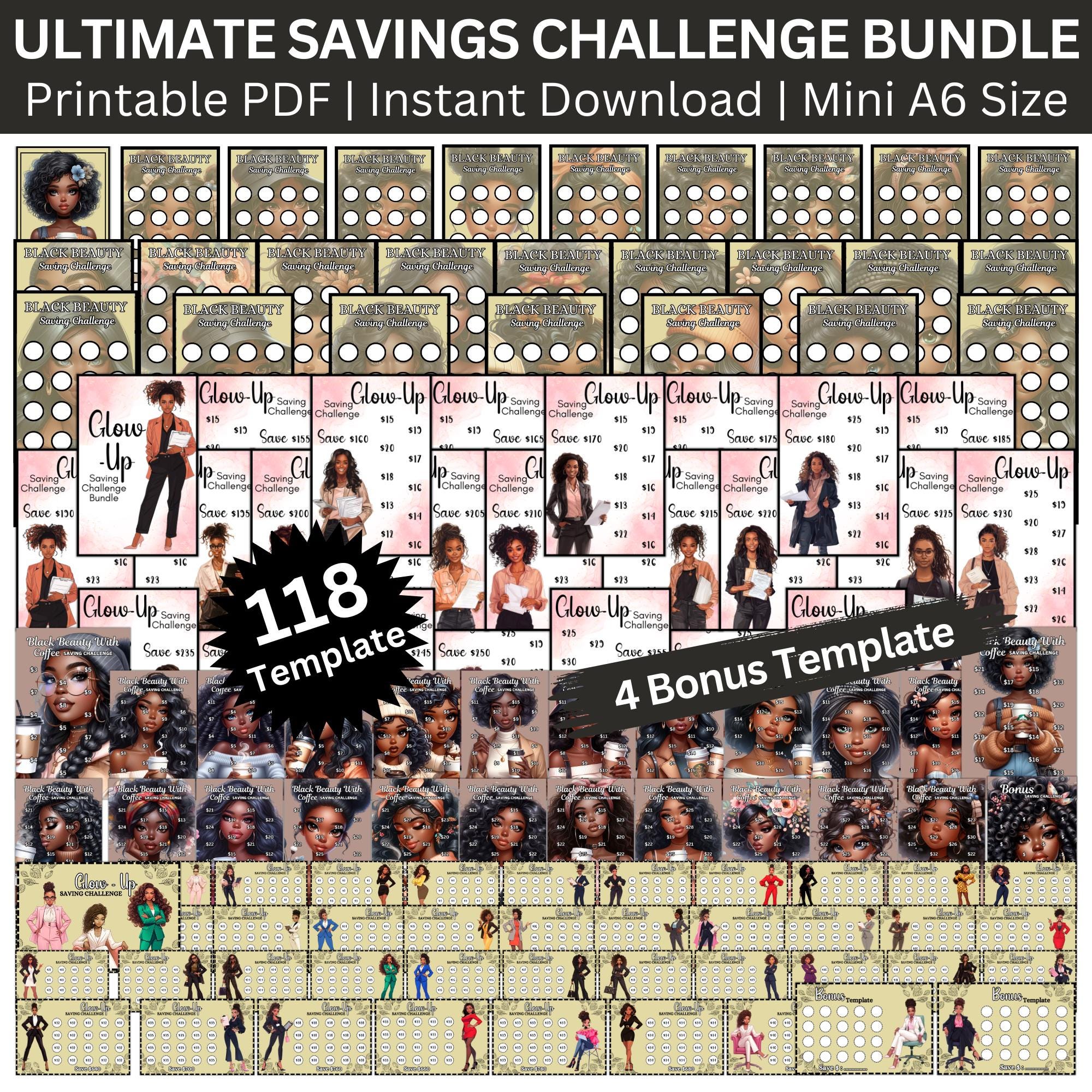 The Ultimate Financial Glow Up Savings Challenge Printable Budget Binder, Mega Cute Black Girl Saving Challenges, 118 Budgeting Templates