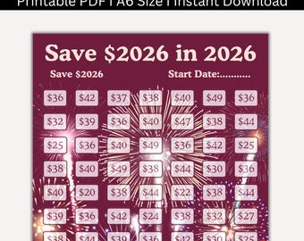 Tracker della sfida di risparmio 2026, PDF stampabile A6, Risparmia nel 2026, Pianificatore di budget con fuochi d'artificio, Inserto per buste per contanti, Download immediato