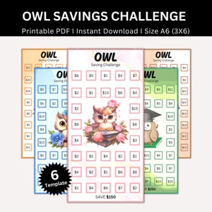 Owl Savings Challenge Printable, A6 Mini Owl Saving Challenge, Money Saving Tracker Bundle, Cash Envelope, Budget Challenges, Set Of 6