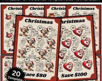 May include: A bundle of Christmas savings challenge templates. The templates feature illustrations of Santa Claus bears, hearts, and Christmas-themed icons. The text includes "Christmas" and savings amounts. The size is A6 (4.1x5.8)in.