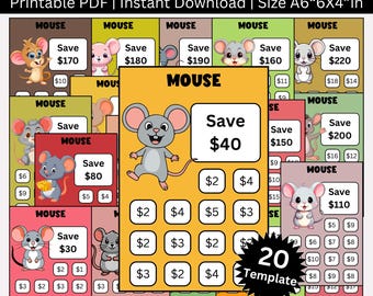 Paquete imprimible de retos de ahorro con ratones, reto de presupuesto, reto de ahorro digital, dibujos animados divertidos y adorables para niños y adultos.