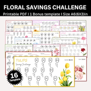 May include: A printable floral savings challenge with 16 different flower templates. Each template features a flower design and a grid to track savings goals. The templates are designed to be printed on A6 (6x3 inch) paper.