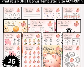 May include: A printable PDF bundle of 15 piggy bank savings challenge templates. The templates feature a pink piggy bank with a variety of activities, including a maze, a puzzle, and a dice game. The templates are designed to help children learn about saving money. The text "Save $236" and "Save $108" is visible on two of the templates.