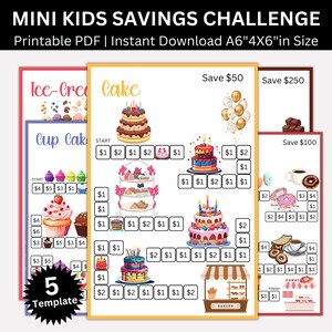 Mini desafío de ahorro para niños imprimible, mini desafíos de ahorro para pasteles A6 para niños, registro de dinero de dulces para niños, carpetas de presupuesto para niños