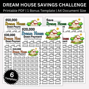 May include: Six printable templates for a dream house savings challenge. Each template features a house illustration and a grid of squares with dollar amounts to track savings progress. The amounts range from $100 to $1,700. The templates are designed for saving towards a $10,000, $20,000, $30,000, and $50,000 down payment.