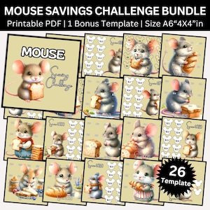 Cute Mouse Savings Challenge Printable, A6 Cash Envelope Insert, Digital Budget Binder Tracker for Kids & Adults, Cute Cartoon Bundle