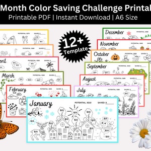 12-Month Color Save A6 Savings Challenge Printable Bundle, Fits A6 Budget Binders and A6 Cash Envelopes, Envelope Challenge