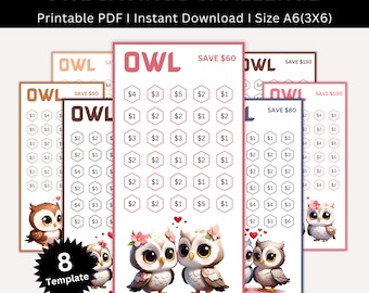 Mini Owl Savings Challenge Printable, A6 Mini Owl Saving Challenge, Money Saving Tracker Bundle, Cash Envelope, Budget Challenges, Set Of 8