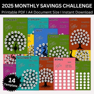2025 Monthly Savings Challenge Printable Bundle, Save 2025 in 2025, 2025 A4 Money Saving Tracker, Cash Envelopes, Monthly Budget Binder