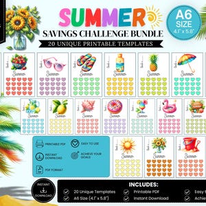 May include: A digital bundle of 20 printable A6 size summer savings challenge templates. Each card features a unique summer-themed illustration, such as sunflowers, sunglasses, fruit, and beach gear, with rows of hearts for tracking financial goals.