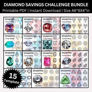 May include: A printable PDF bundle of 15 diamond savings challenge templates. Each template features a different diamond shape and a savings goal. The templates are designed to help people save money and reach their financial goals.