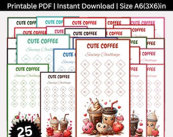 Cute Coffee Savings Challenge Printable Binder, A6 Mini Low Income Coffee Saving Challenges,  Envelopes Challenge, Coffee Budget Bundle