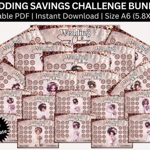 May include: A bundle of 20 wedding savings challenge templates. Each template features a floral design with illustrations of brides and the text "Wedding Saving Challenge". The size is A6 (5.8x4.1)in.