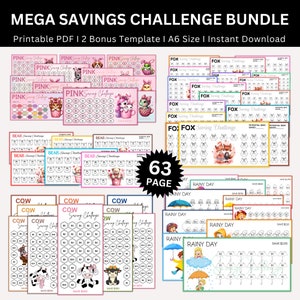 Mega Savings Challenge Printable Bundle, Pinky Planner Saving Challenges, Cow Savings Challenge, FOX Savings, Bear Savings, Rain day Saving