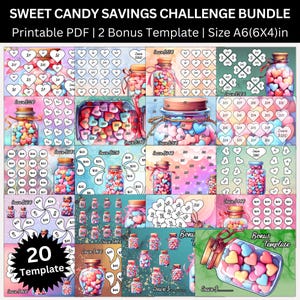 Lot imprimable Défi économies de bonbons sucrés en bocal, Défis d'enveloppes pour économies de boîtes de bonbons, Reliure budgétaire Money Tracker, Rembourrage en espèces
