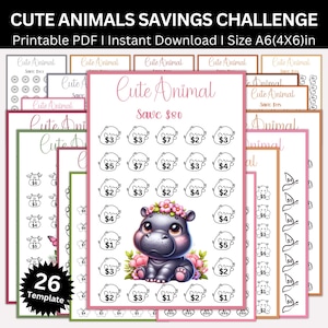 A6 Cute Baby Animal Savings Challenge Printable Bundle, Mini Animals Saving Challenges Envelopes, Money Tracker, Animal Budget Binder