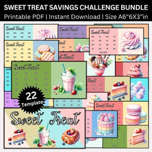Puede incluir: Un paquete de 22 plantillas imprimibles de desafío de ahorro de dulces en formato PDF. Las plantillas presentan ilustraciones coloridas de varios postres, incluyendo cupcakes, helados, pasteles, macarons y batidos. Las plantillas están diseñadas en una gama de colores pastel con una estética vintage.