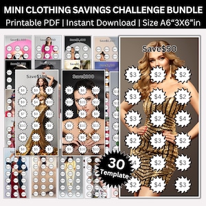 May include: A printable PDF bundle of 30 clothing savings challenge templates. Each template features a woman wearing a gold sequined dress with a different dollar amount in each star-shaped circle. The text "Save $50" is at the top of the template. The text "30 Template" is at the bottom of the template.