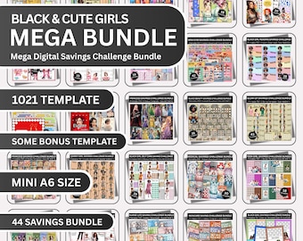 Black Girl Savings Challenge Mega Bundle, 1021 Printable Templates, A6 Mini Saving Binder Inserts, Cute Girls Digital Money Challenge