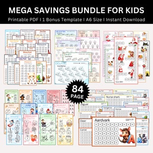 Kinder Spar-Challenge Mega Bundle, A6 Mini Kids Spar-Challenge, Geldspar-Tracker, Bargeld-Umschläge, Budget Binder für Kinder