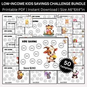 Low Income Kids Savings Challenges Printable, Digital Download kids Money Challenge, Cute Baby Animals Envelopes, Budget Binder For Kids