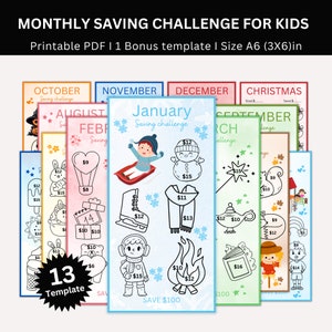 monatliche Spar-Challenge für Kinder zum ausdrucken, A6 Mini-Spar-Challenge, Kinder-Spar-Tracker, Spar-Challenge-Bundle für Kinder