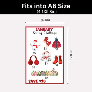The image is a poster for a "January Saving Challenge" that includes various winter-themed items such as a snowman, gloves, a jacket, a hat, a pair of red boots, and a pair of red earmuffs. The poster is designed to fit into an A6 size, which is approximately 4.1 inches wide and 5.8 inches tall. The poster also includes a savings goal of $20, encouraging participants to save money by purchasing these items.