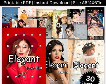 May include: A set of 30 printable savings challenge cards featuring different women in elegant attire. The cards are designed to help you save money and reach your financial goals. Each card has a grid with dollar amounts and a space to track your progress.