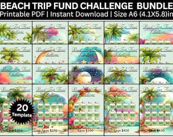 Beach Trip Fund Challenge Bundle, 20 druckbare PDF-Dateien, Urlaubsersparnisse-Tracker, Reisebudget-Planer, Strandurlaub Geschenk, sofort Download