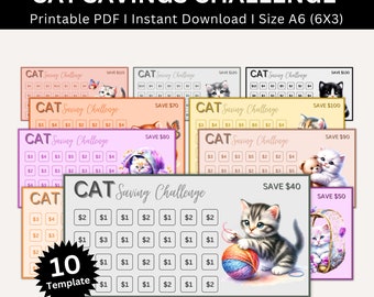 May include: Ten printable cat-themed savings challenge charts. Each chart features a different cat illustration and a goal amount to save. The charts are designed to help people save money and track their progress.