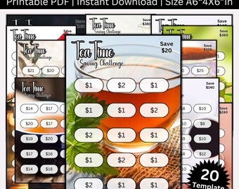 A6 schattige thee tijdbesparing uitdaging afdrukbare bundel, mini theeliefhebber spaarenvelop uitdagingen, geldtracker, thee budget bindmiddel planner