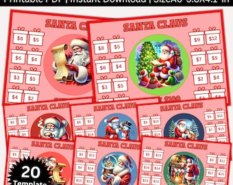 May include: A bundle of printable Santa Claus savings challenge templates. Each template features a festive design with illustrations of Santa Claus and gift boxes. The templates are designed to help users save money for the holiday season. The text on the templates includes savings amounts.