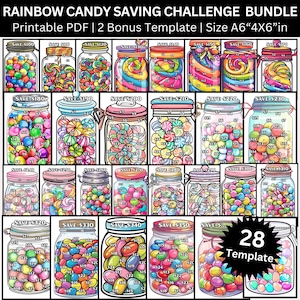 Pode incluir: Um pacote PDF imprimível com 28 modelos de desafios de poupança com tema de doces. Cada modelo é um frasco cheio de doces coloridos, com valores a poupar que variam entre 100€ e 350€. O tamanho é A6, 10,16 cm x 15,24 cm.