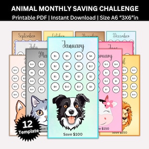 Animal Monthly Savings Challenge Printable, Animal Money Savings Tracker, Saving Challenges Printable Budget Planner Binder, Cash Envelopes