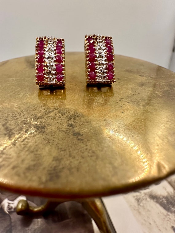 Diamond and Ruby 18K *Gold-Plated" Stud Earrings