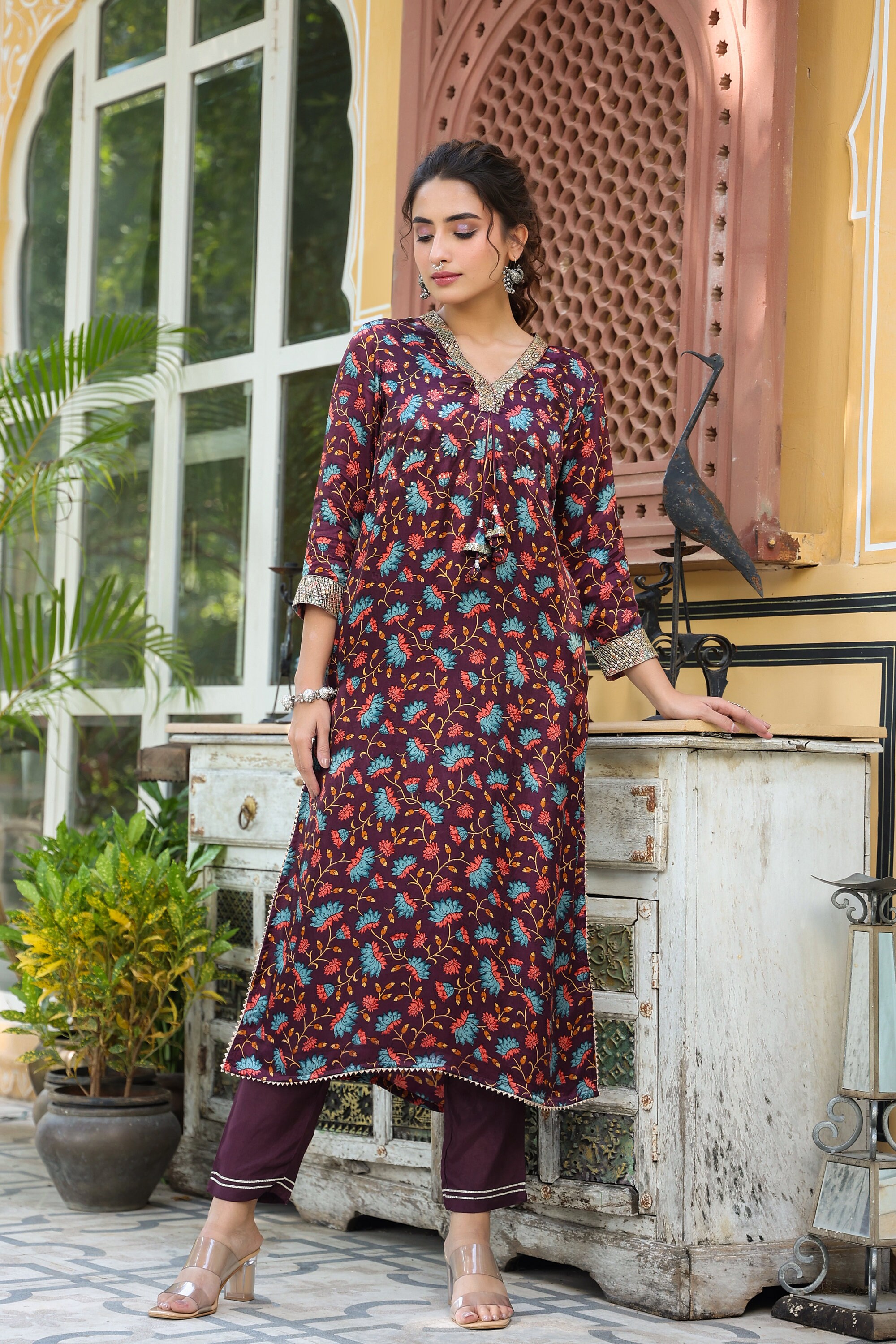 Embroidery Work Dresses Long Straight Kurta With Pant Set Etsy