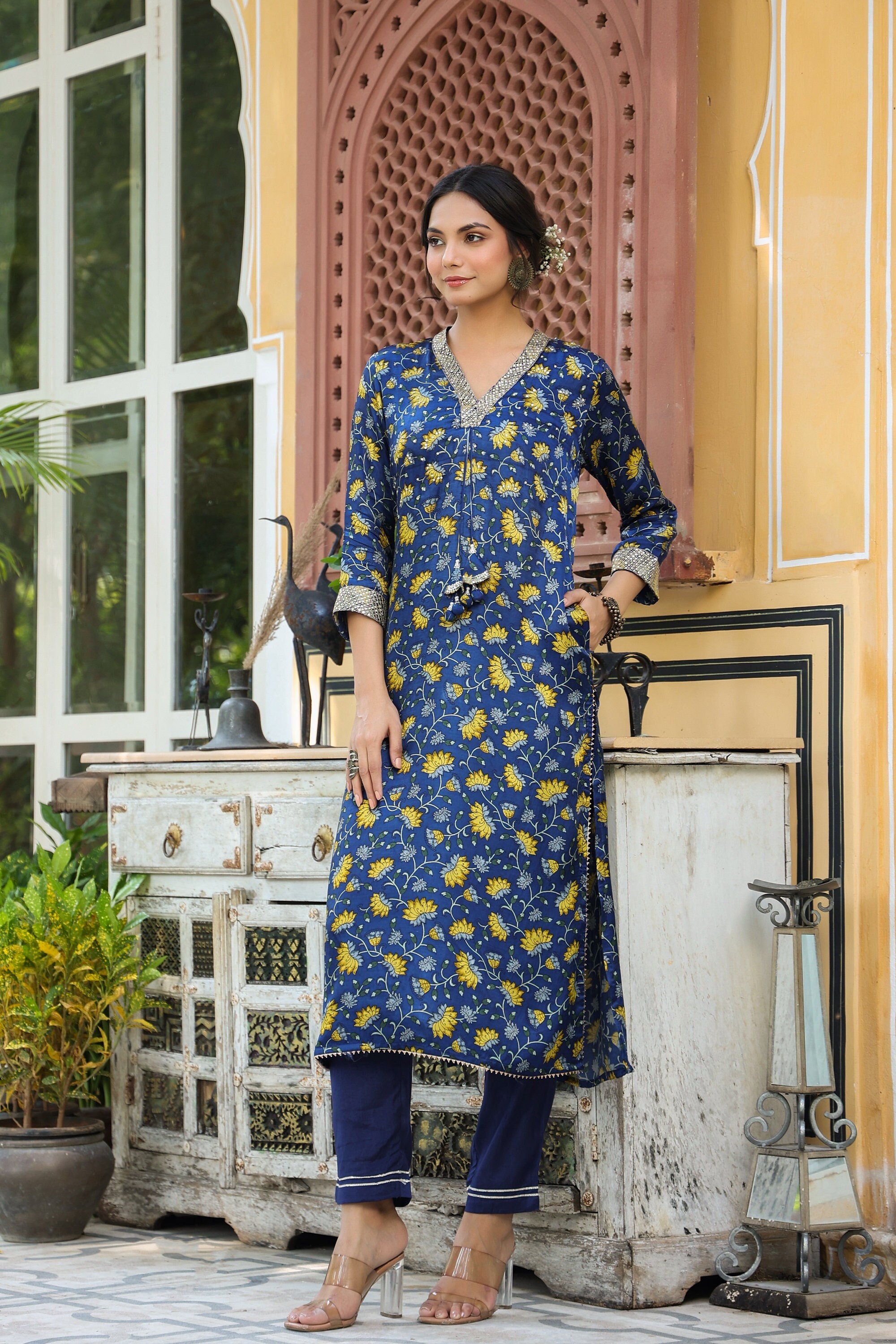 Embroidery Work Dresses Long Straight Kurta With Pant Set Etsy