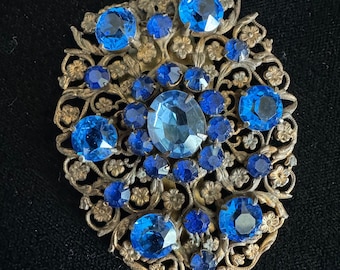 Vintage Brooch, Blue Brooch, Vintage jewelry,  Fur clip, Czech Jewelry, Estate jewelry, Intricate Jewelry, Colbalt blue