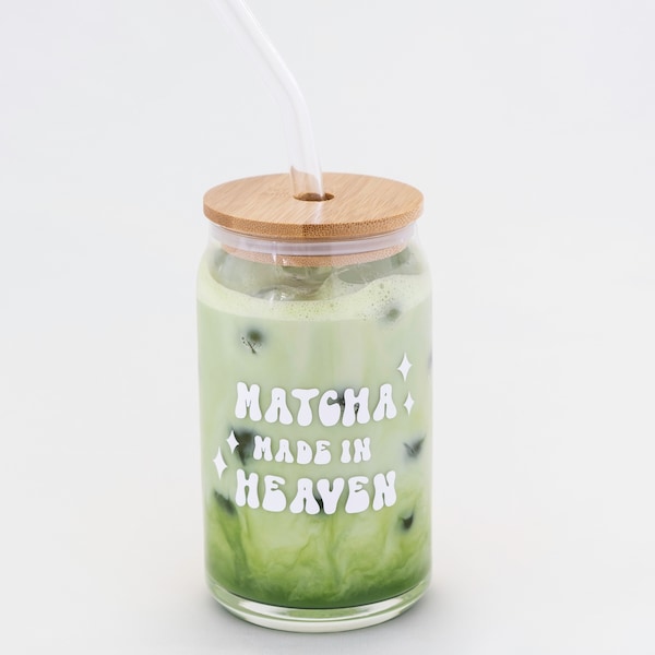 Iced Matcha Libbey Cup Trendy Glass Funny Quote Drinkware Groovy Coffee Glass Can with Lid and Straw Retro Tumbler Matcha made in Heaven