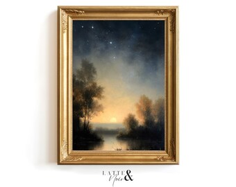 Starry Night Sky Printable Wall Art Landscape Digital Download Vintage Inspired Celestial Decor Astronomy Art Moody Home Decor #006